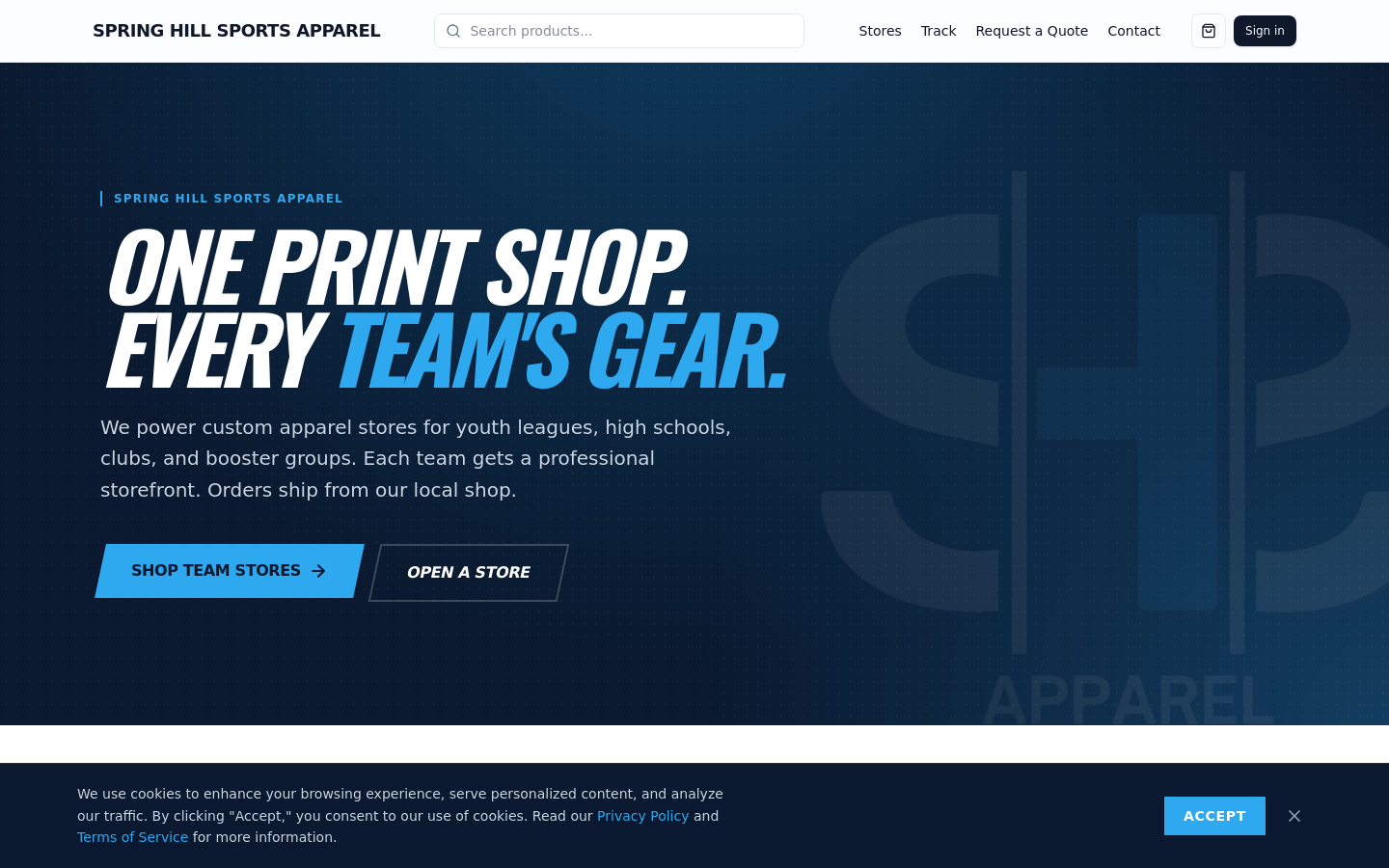 Spring Hill Sports Apparel website mockup